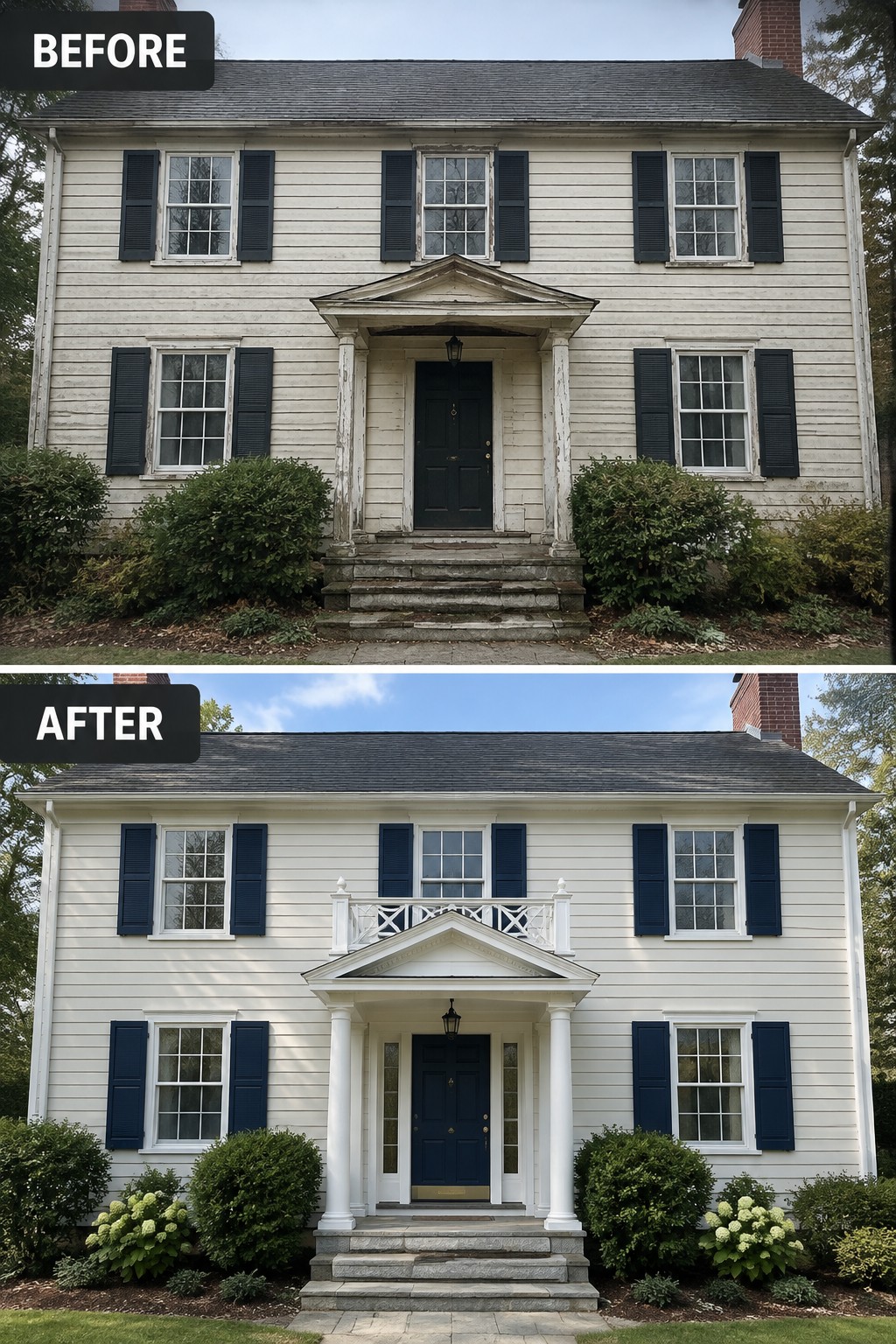 Before and after of a renovated white colonial house with navy shutters and porch.