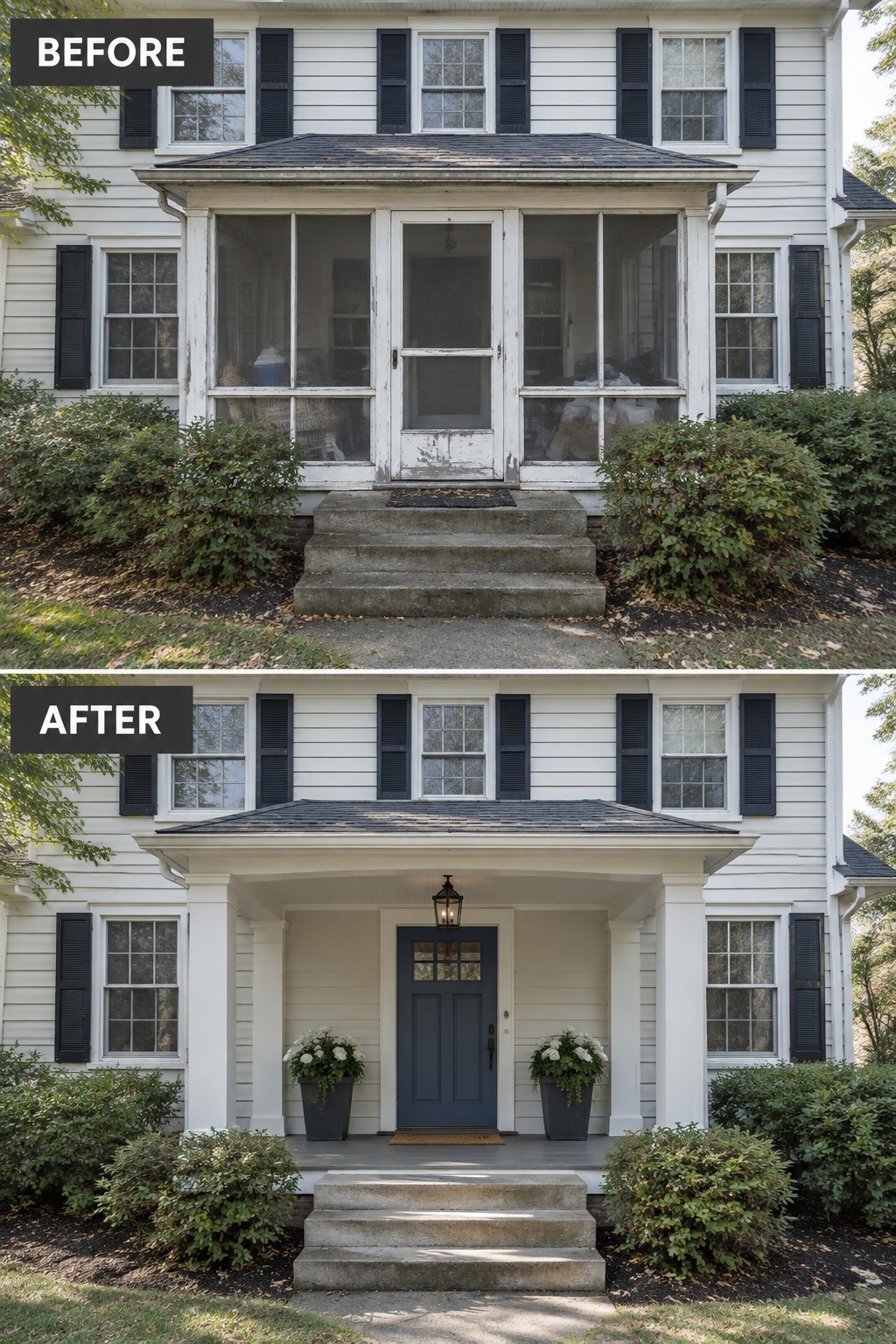 Before and after of white house porch remodel with new blue door and columns