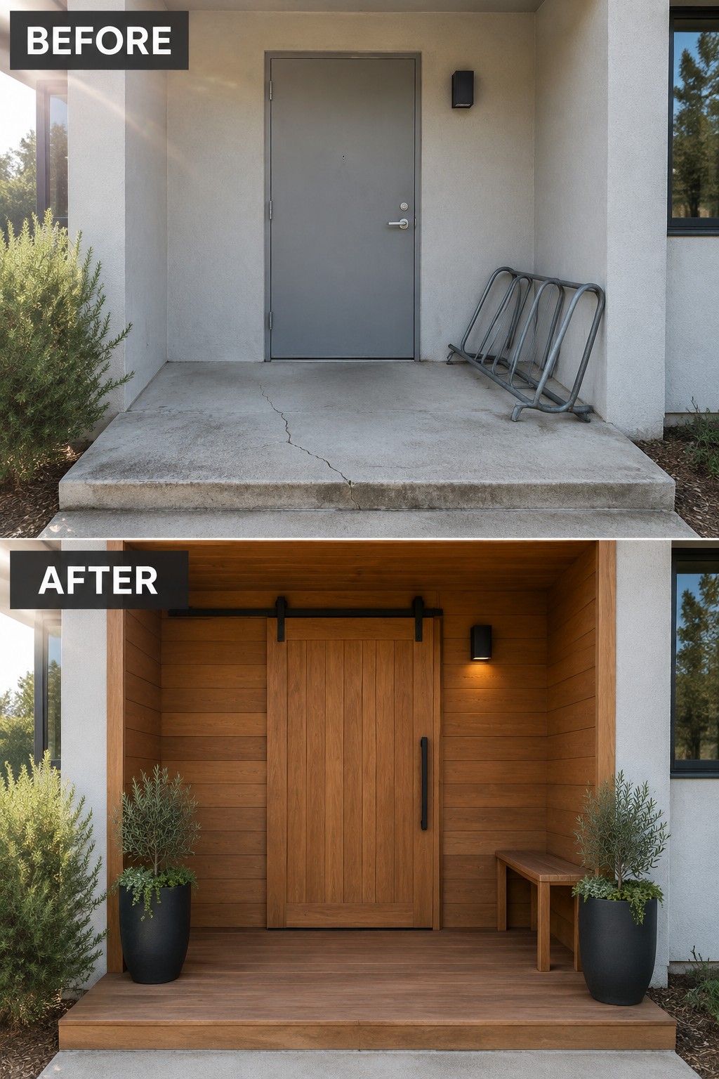 Before-and-after view of front entrance transformed from plain concrete to wooden deck with barn door.
