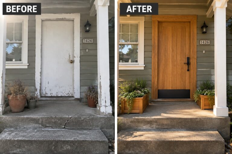 Before-and-after image of a house front entry with a peeling white door changed to a natural wood door and updated wooden planters.