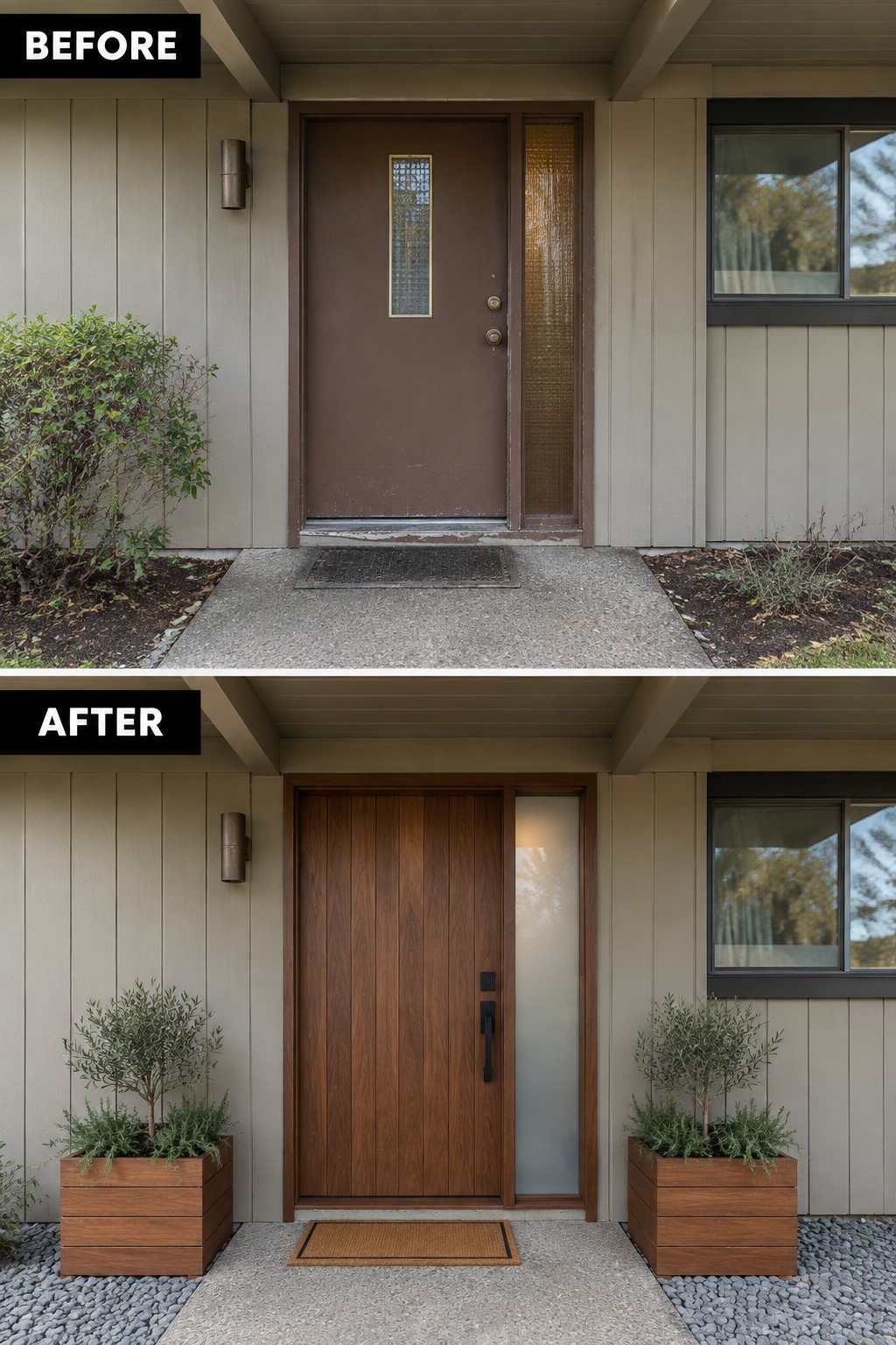 Before and after of front door updated to wood with flanking planters.