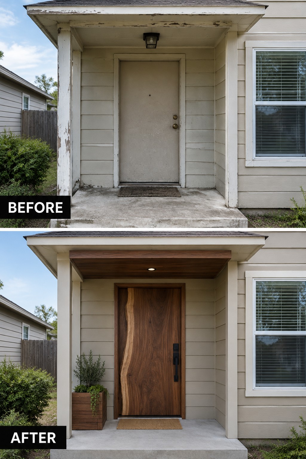 Before and after porch entrance with old beige door replaced by modern wood door.