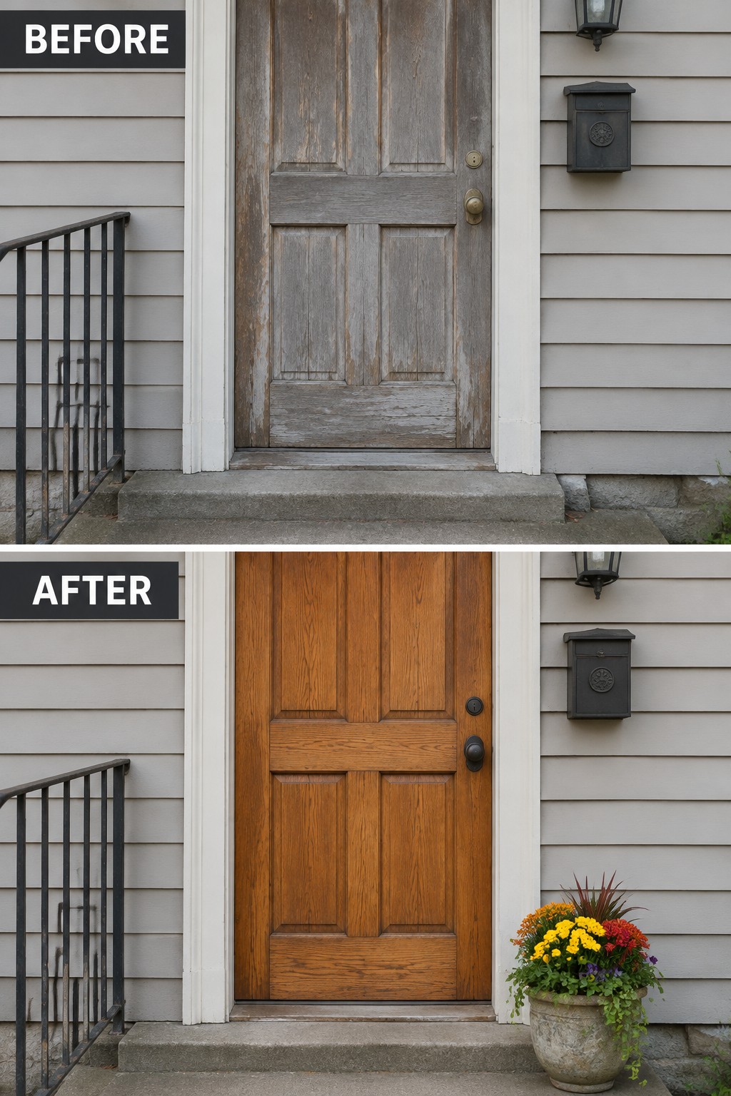 Before-and-after view of weathered gray door restored to warm brown wood with flowers added