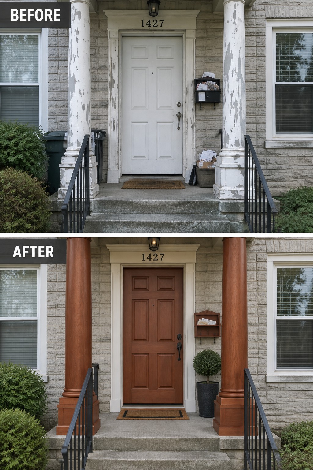 Before-and-after image of a house front entrance with peeling white columns and a white door updated to wood-toned columns and a brown door.