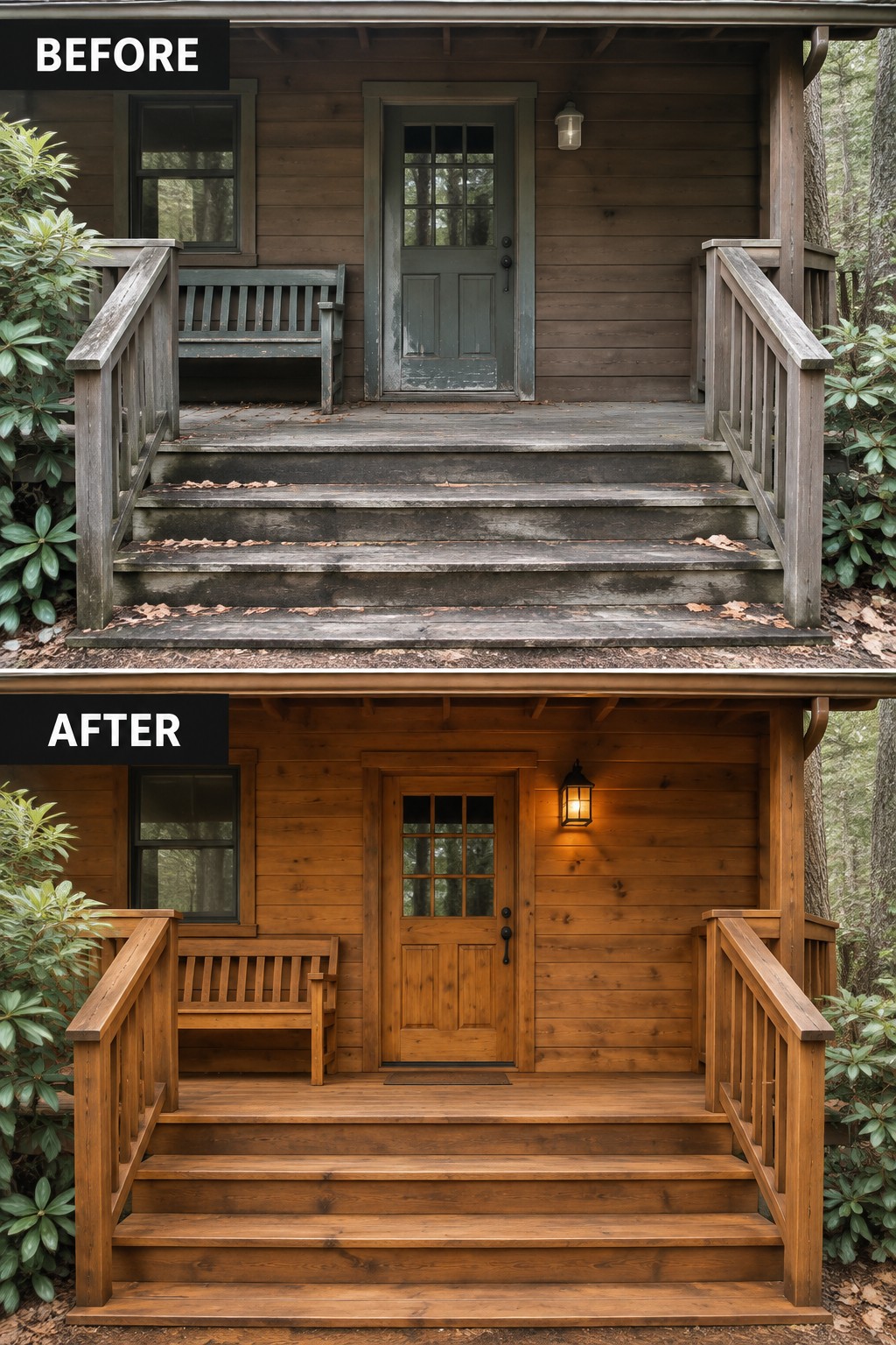 Before and after of log cabin porch from weathered gray wood to warm stained brown