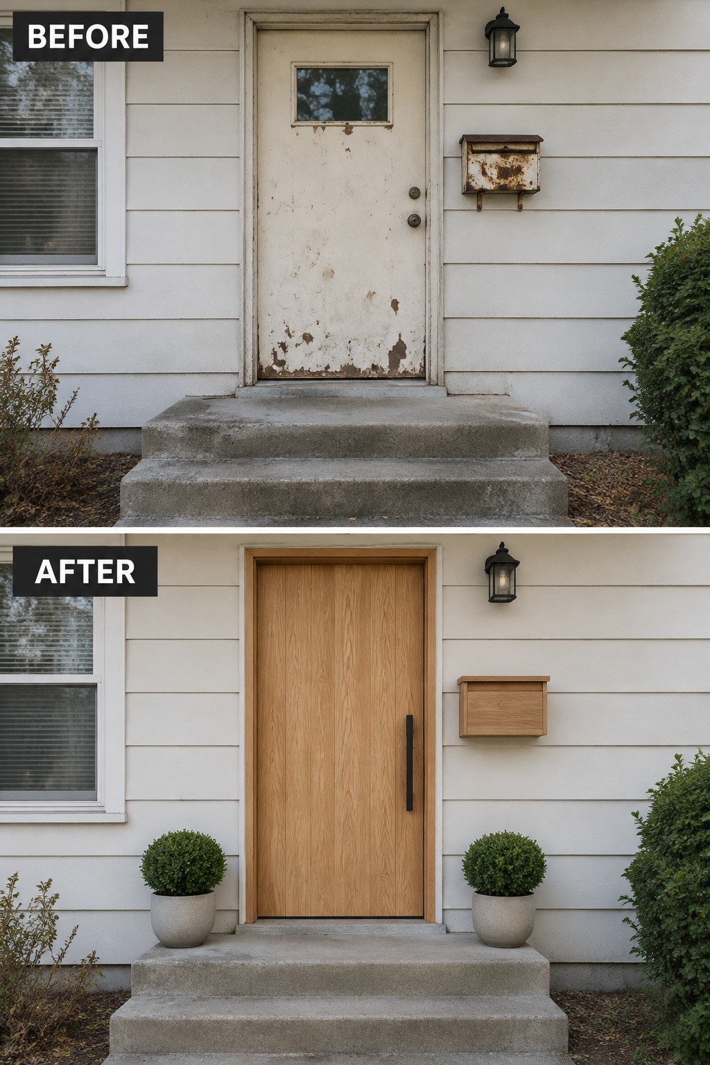 Before-and-after image of a house front door changed from a peeling white finish to a natural wood door with new hardware and planters added beside the steps.