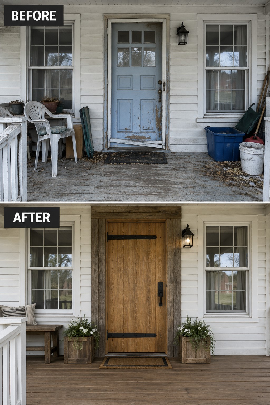 Before-and-after porch renovation: peeling blue door replaced by rustic wood with planters.