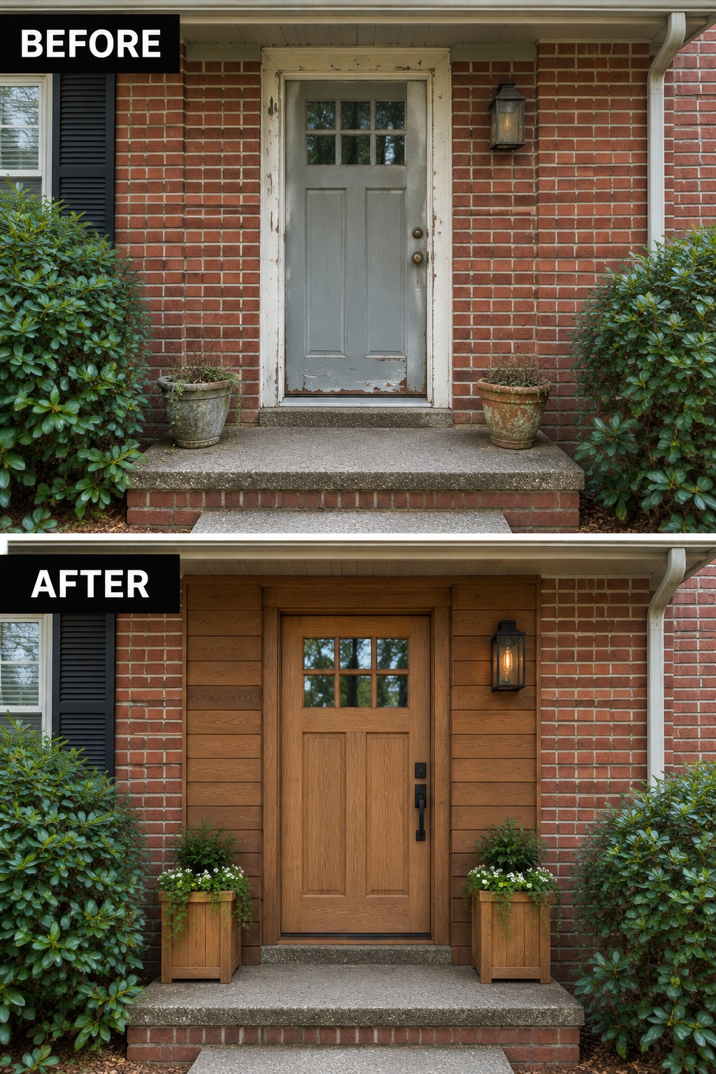 Before and after of brick house entry with new wood door, siding and planters.
