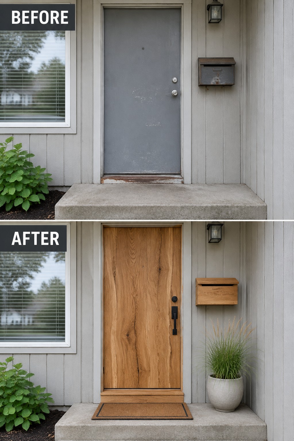 Before and after of gray door replaced by wooden door with black hardware.