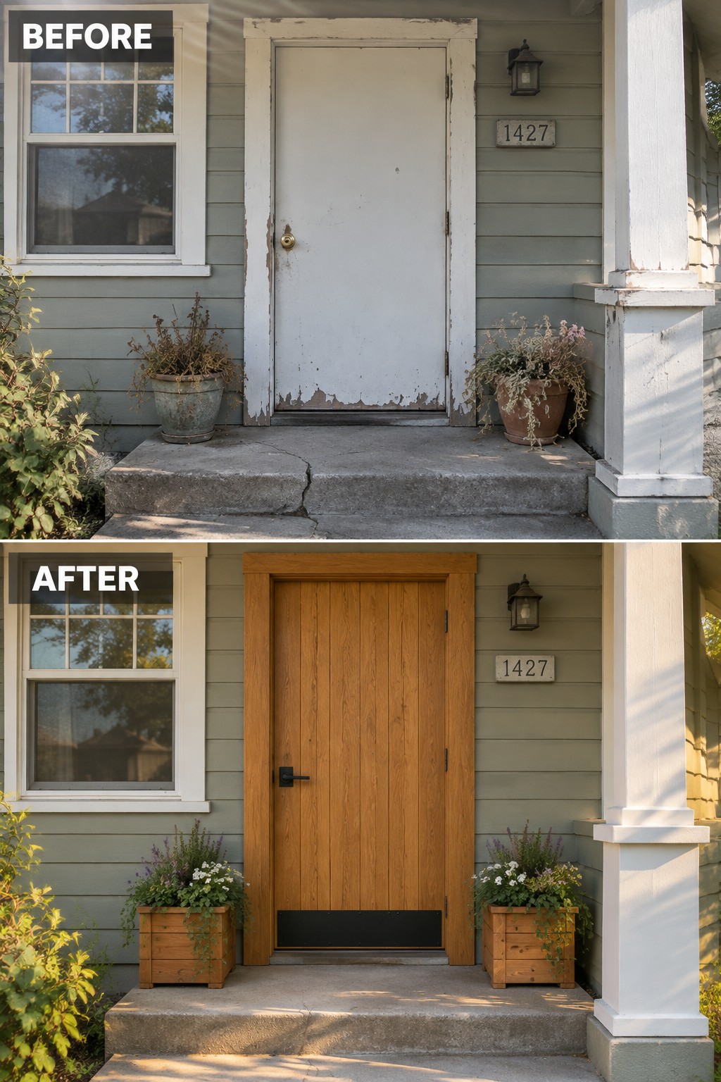 Before-and-after image of a house front entry with a peeling white door changed to a natural wood door and updated wooden planters.