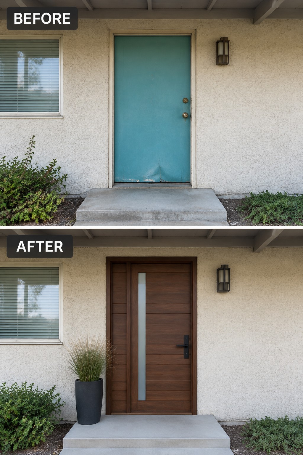 Before and after of house entrance with teal door replaced by dark wood door