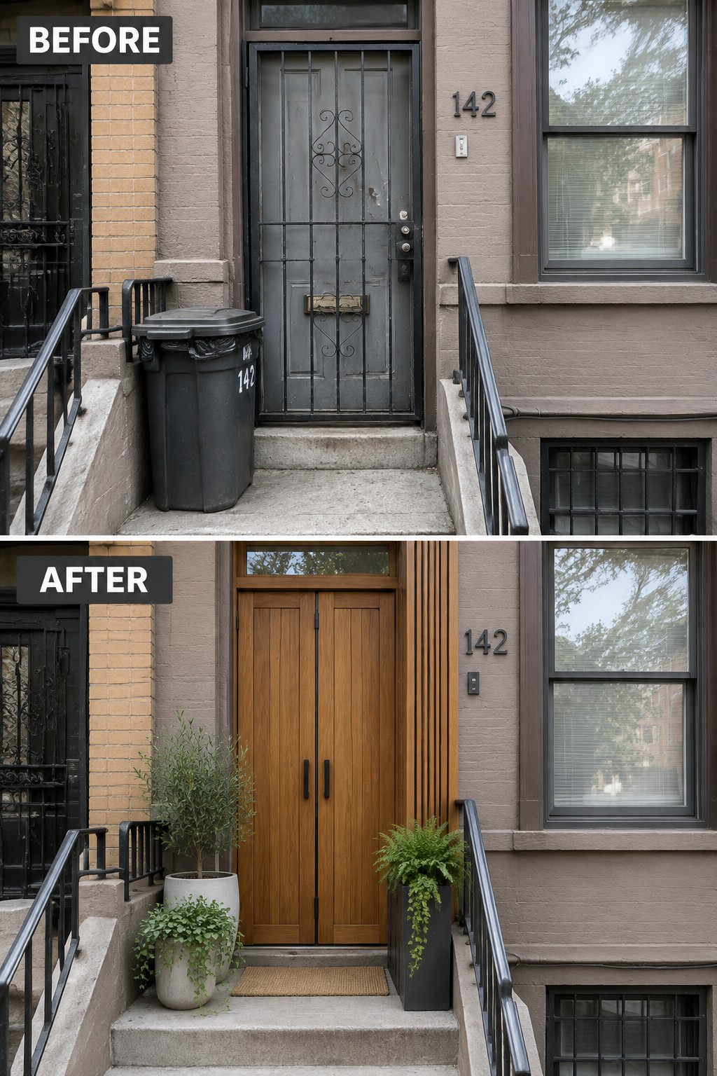 Before-and-after image of a house entry where an old gray metal door was replaced with natural wood double doors and potted plants were added beside the steps.