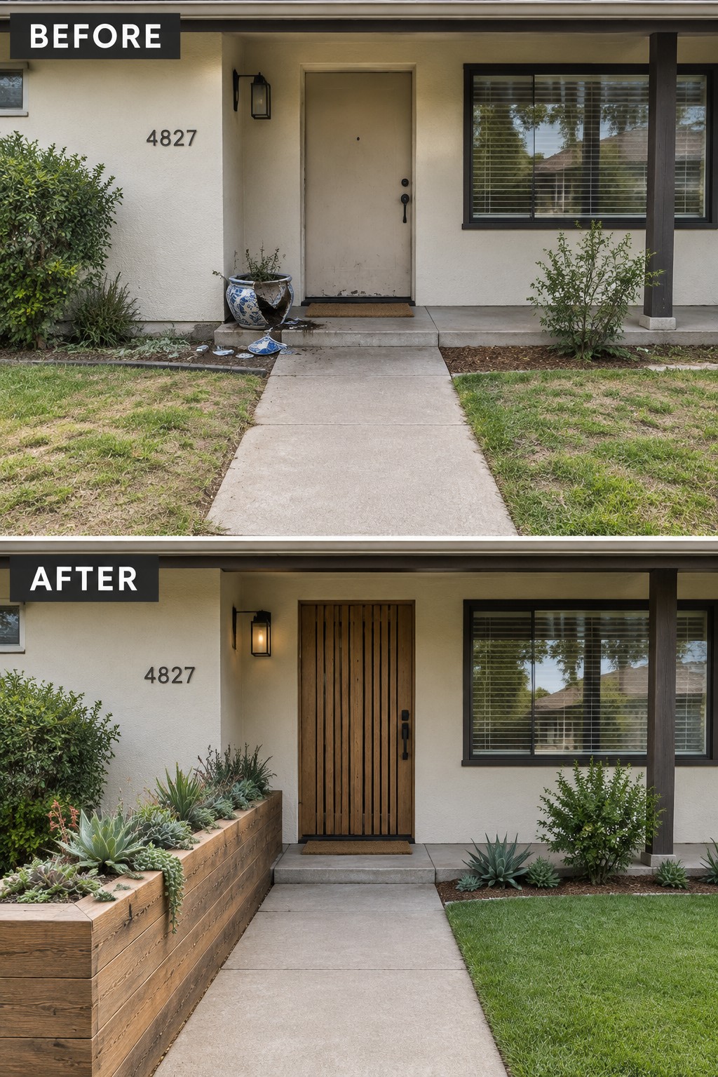 Before and after house entrance with new wooden door and succulent planters.