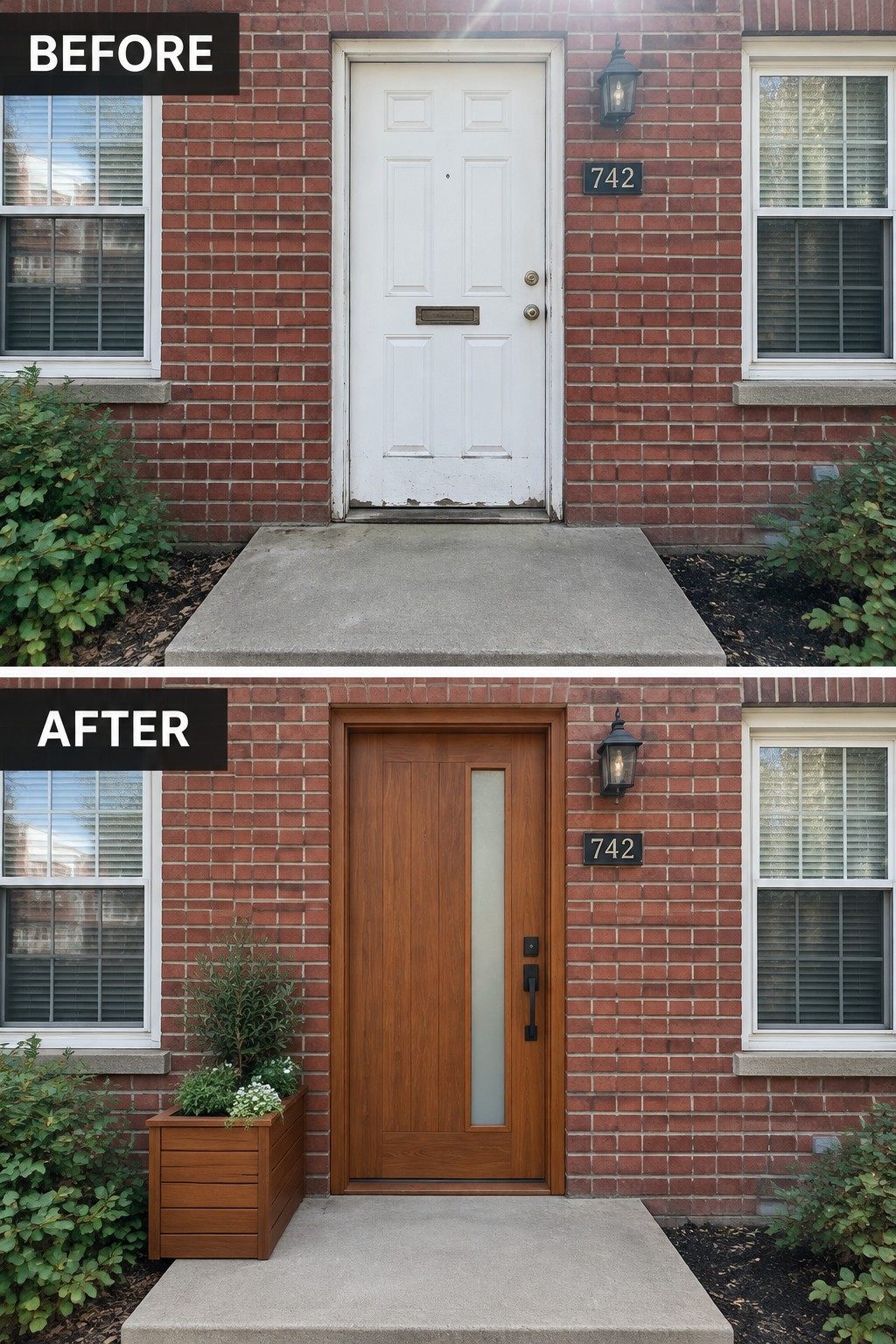 Red brick house entrance before with white door and after with wooden door and planter.