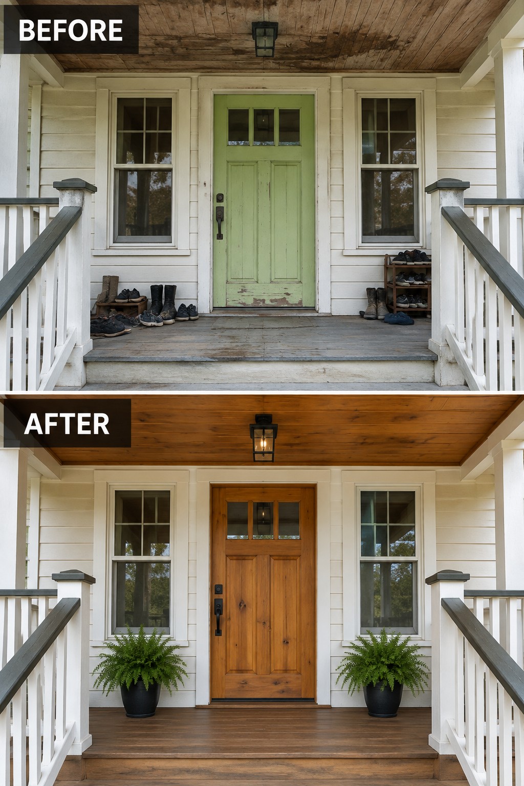 Before-and-after image of a front porch showing a faded green door replaced by a natural wood door, with the porch floor and ceiling also updated to wood and simple ferns added on each side.