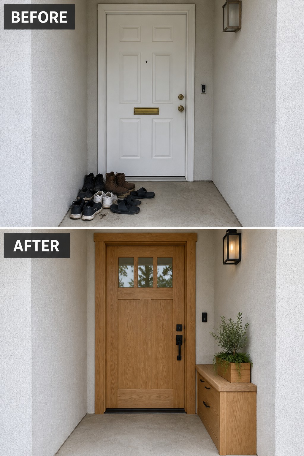 Before messy shoes at white door, after wooden door with plant and storage bench