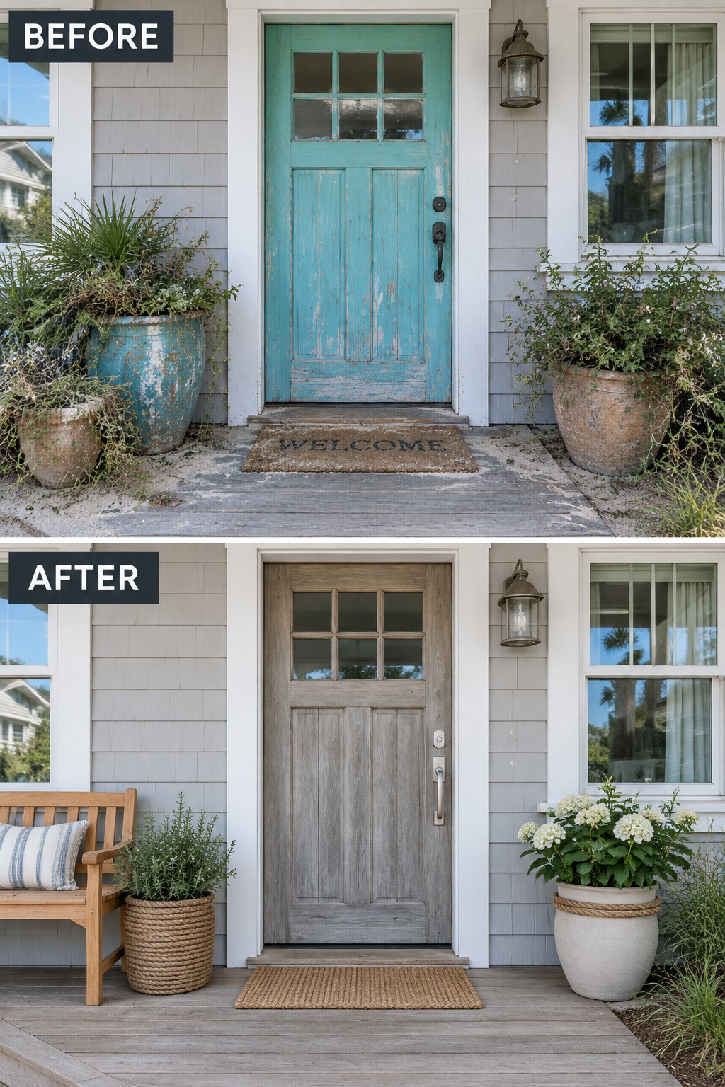 Before-and-after porch door makeover from distressed turquoise to weathered gray with new planters and bench