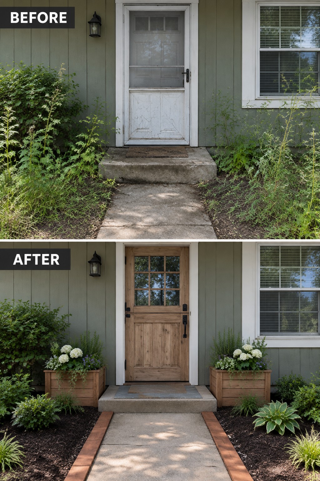 Before and after of green house entrance with new wood door and planters
