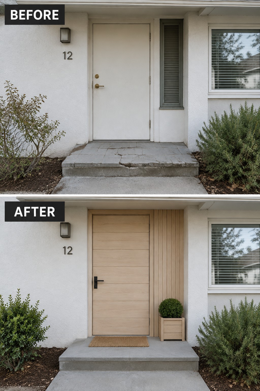 Before-and-after image of a front entry with a plain white door changed to a natural wood door and added vertical wood paneling.