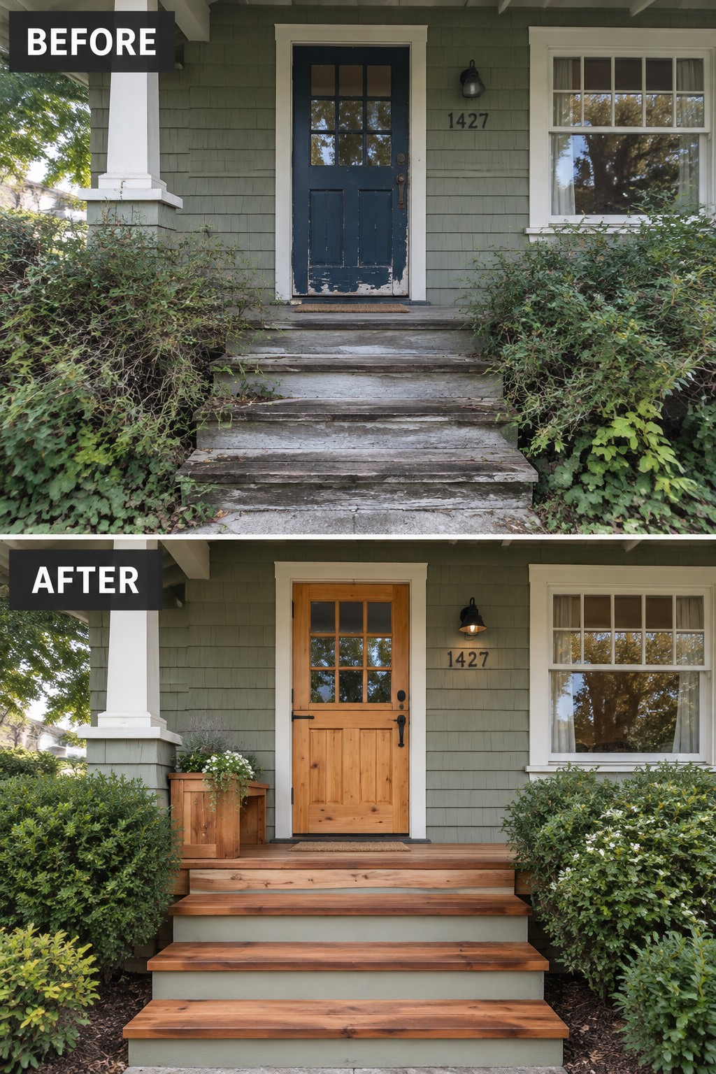 Split view of house entrance before and after with new wood door and steps