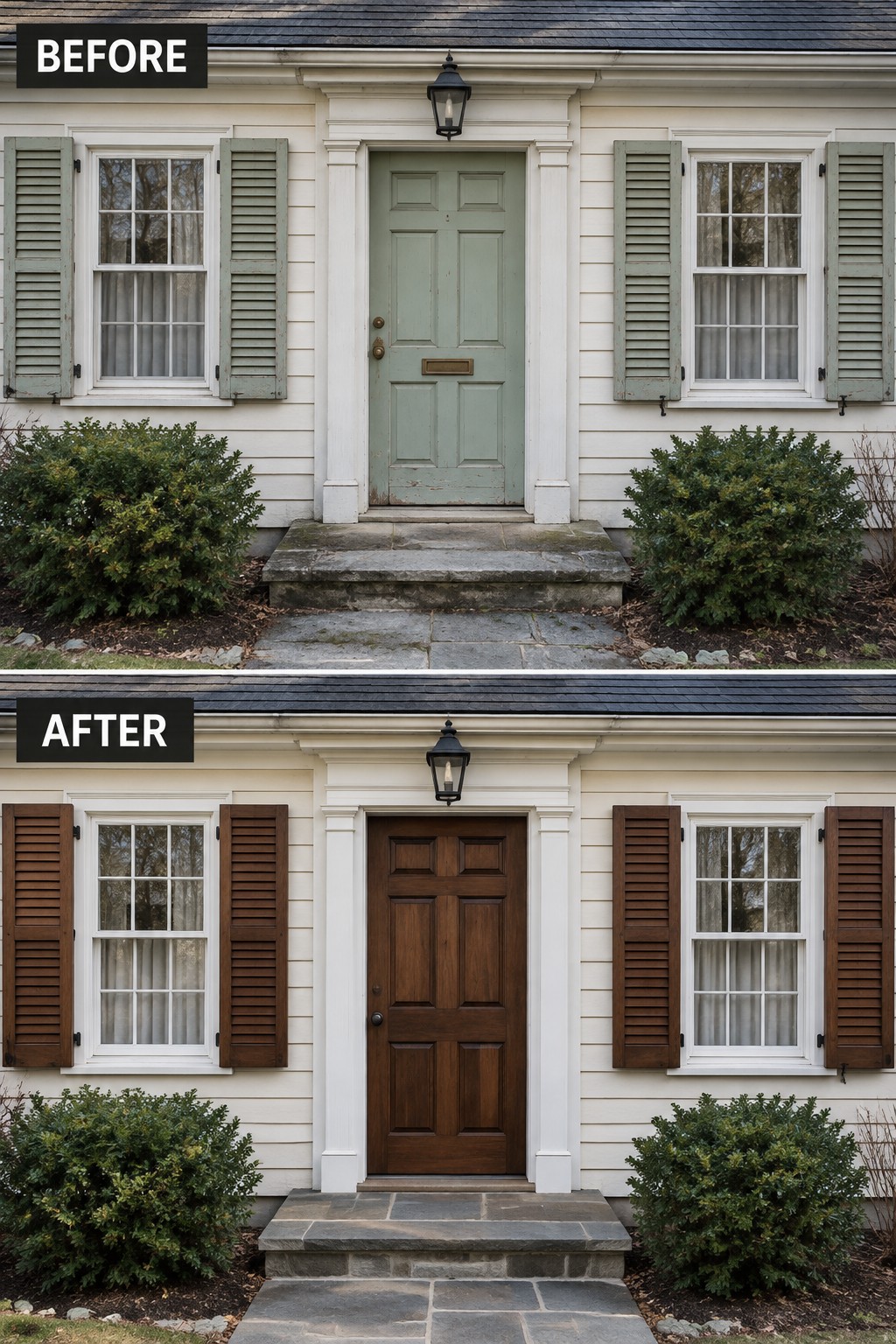 Before-and-after image of a house front entry with a faded green door and shutters changed to a natural brown wood finish.