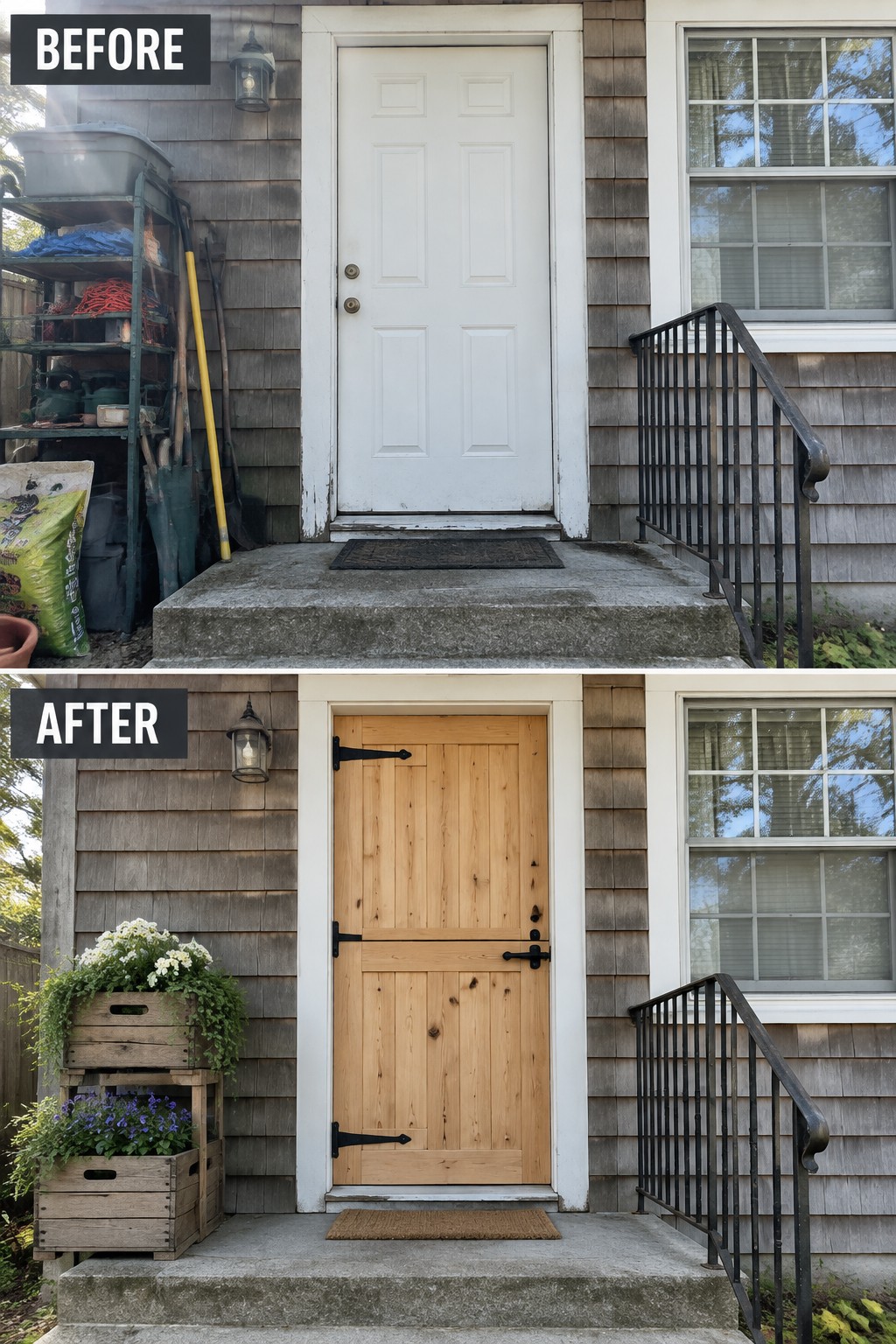 Before cluttered white door entry; after wooden door with flower-filled crates.