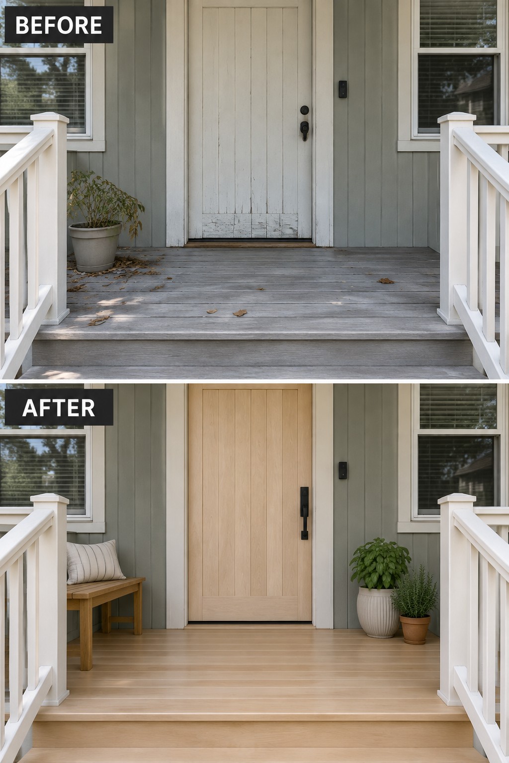 Before and after porch renovation with new light wood door and deck