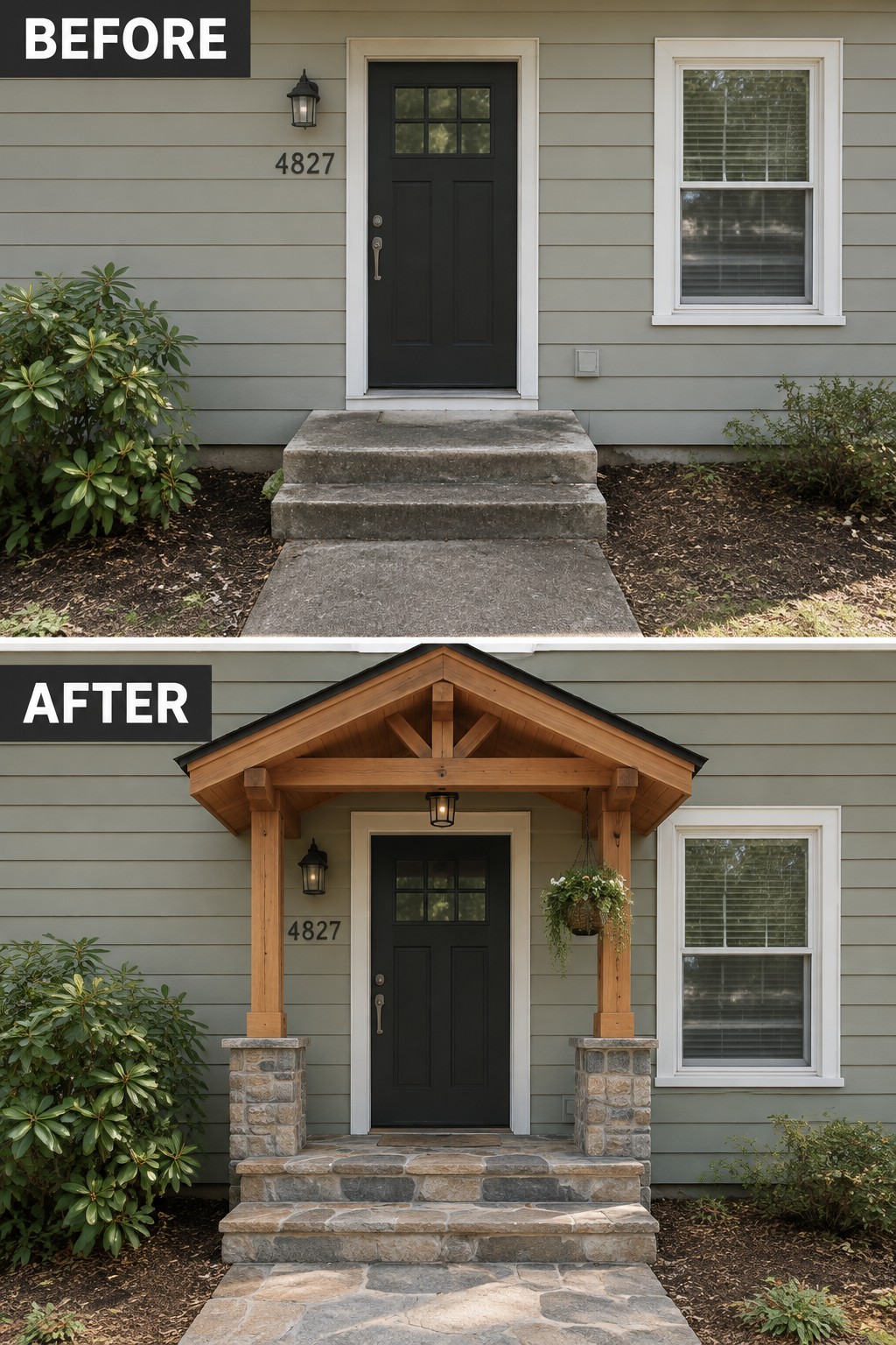 Before-and-after image of a front entry updated with a wooden gabled porch, stone pillars, and new stone steps.