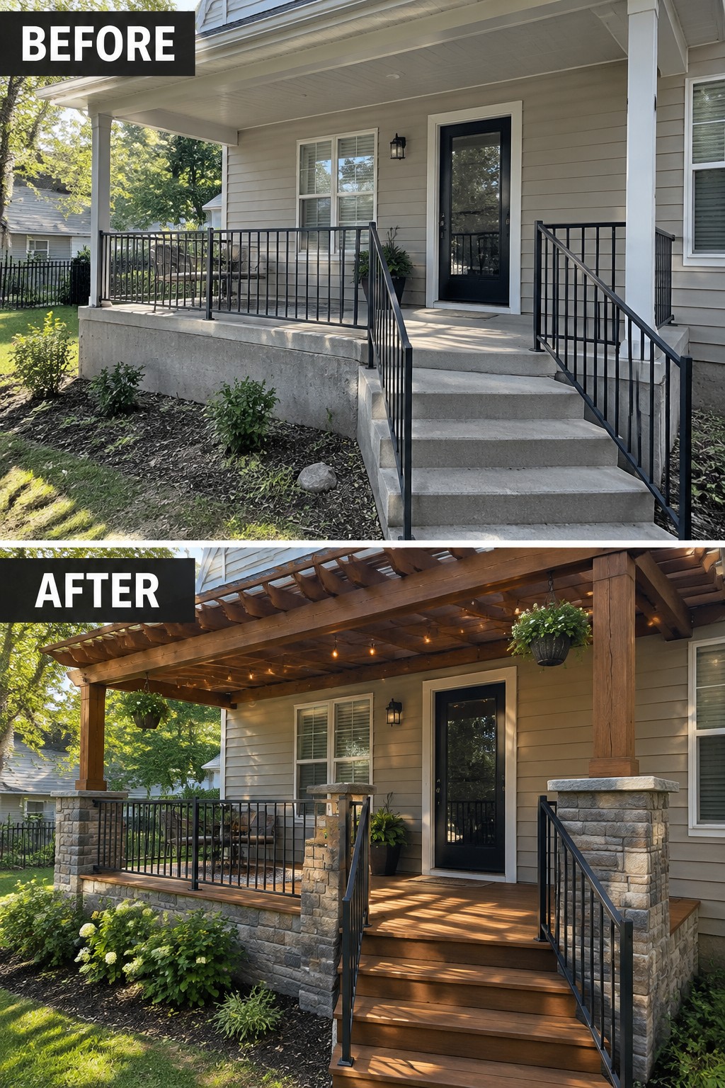 Before and after porch renovation with wooden pergola, deck, and stone pillars.