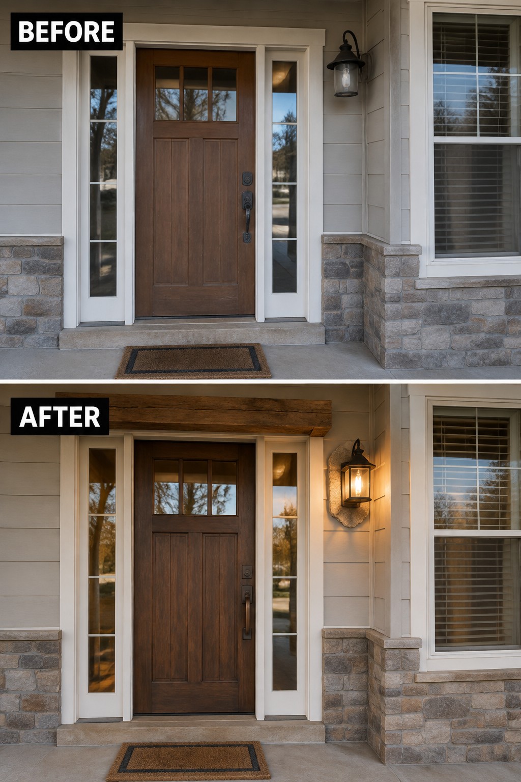 Before and after of wooden front door with stone base and lit lantern.