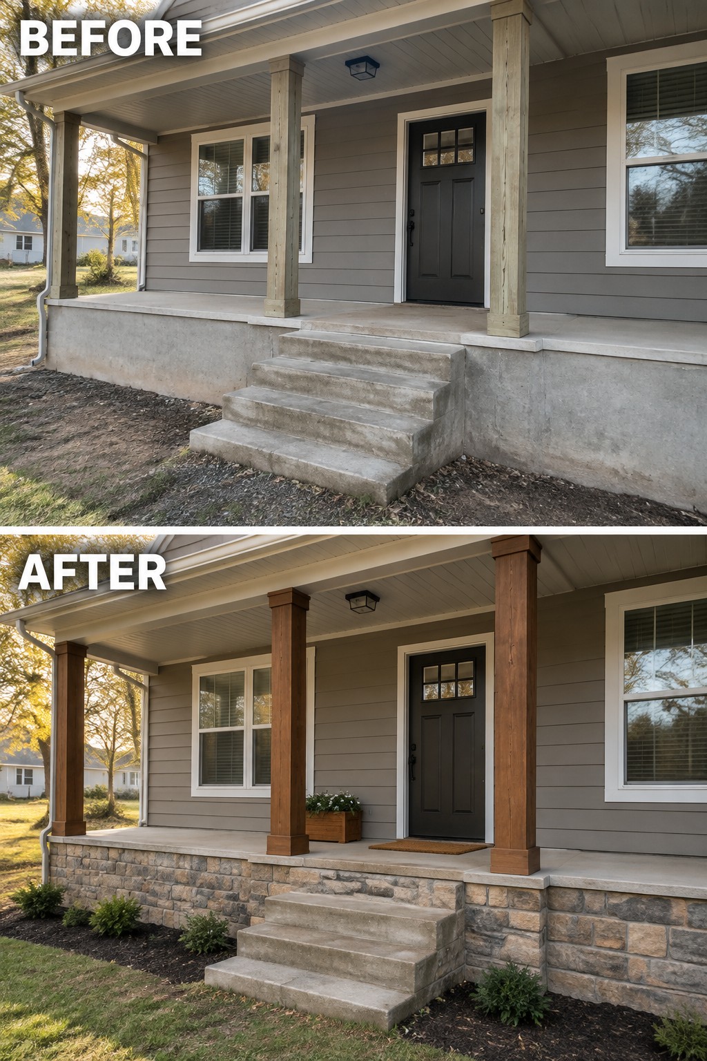 Before and after porch upgrade showing stone foundation and dark wooden columns on gray house