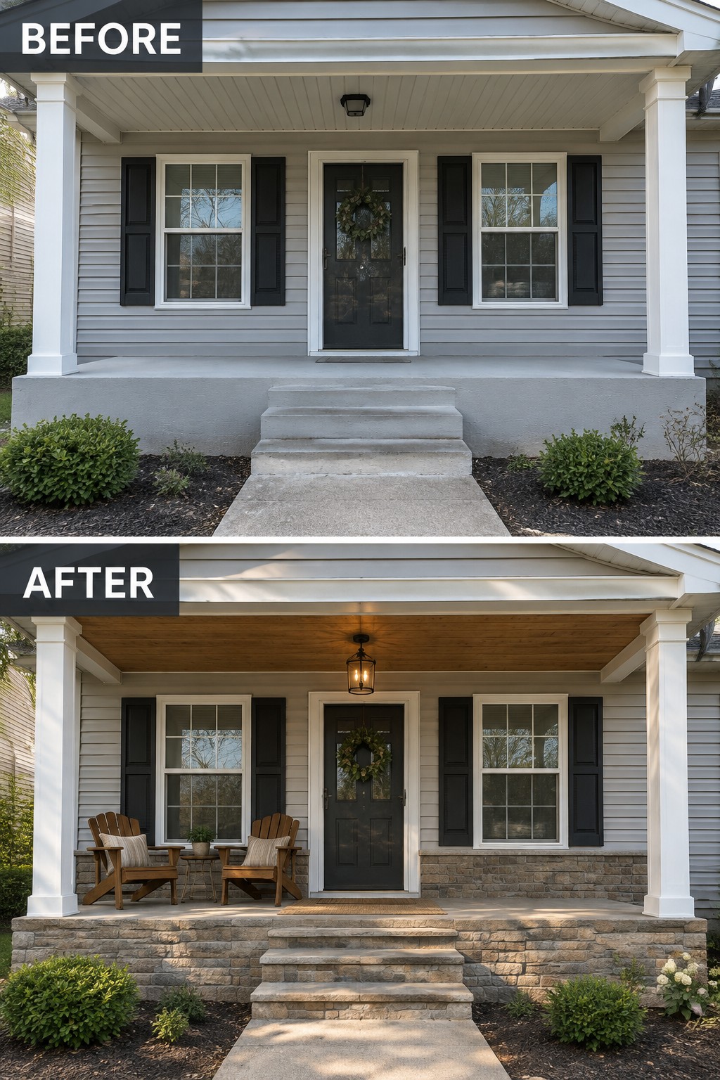 Before-and-after image of a front porch updated with a wood ceiling, stone base, seating, and new lighting.
