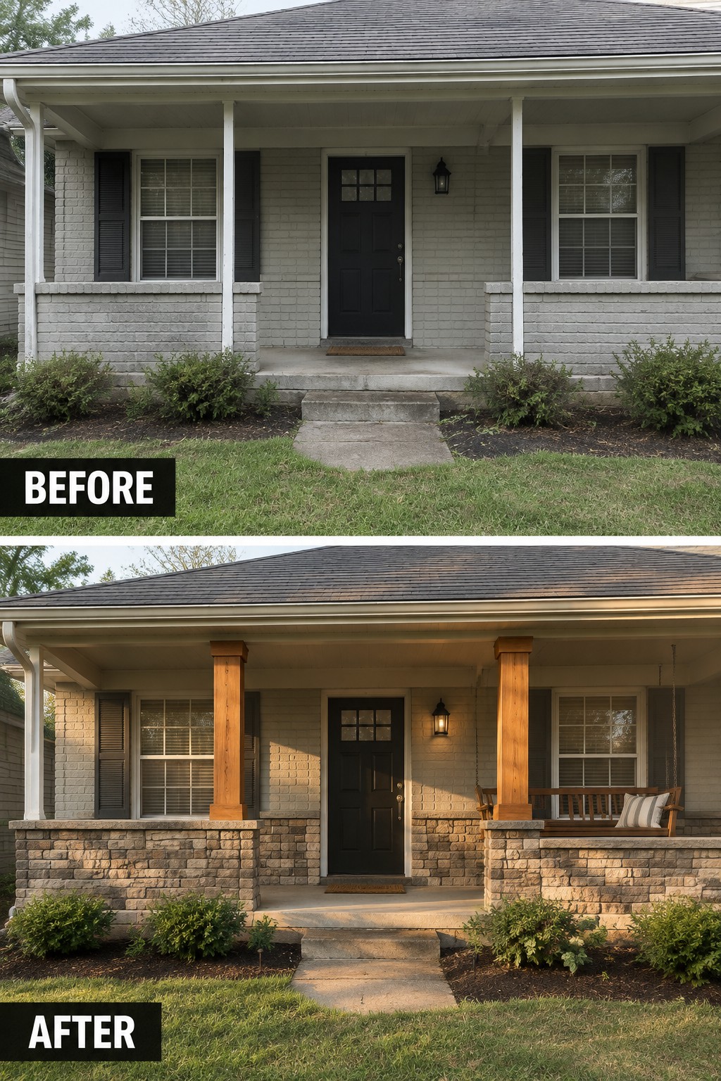 Before-and-after porch renovation showing white columns replaced by wood posts and stone veneer.
