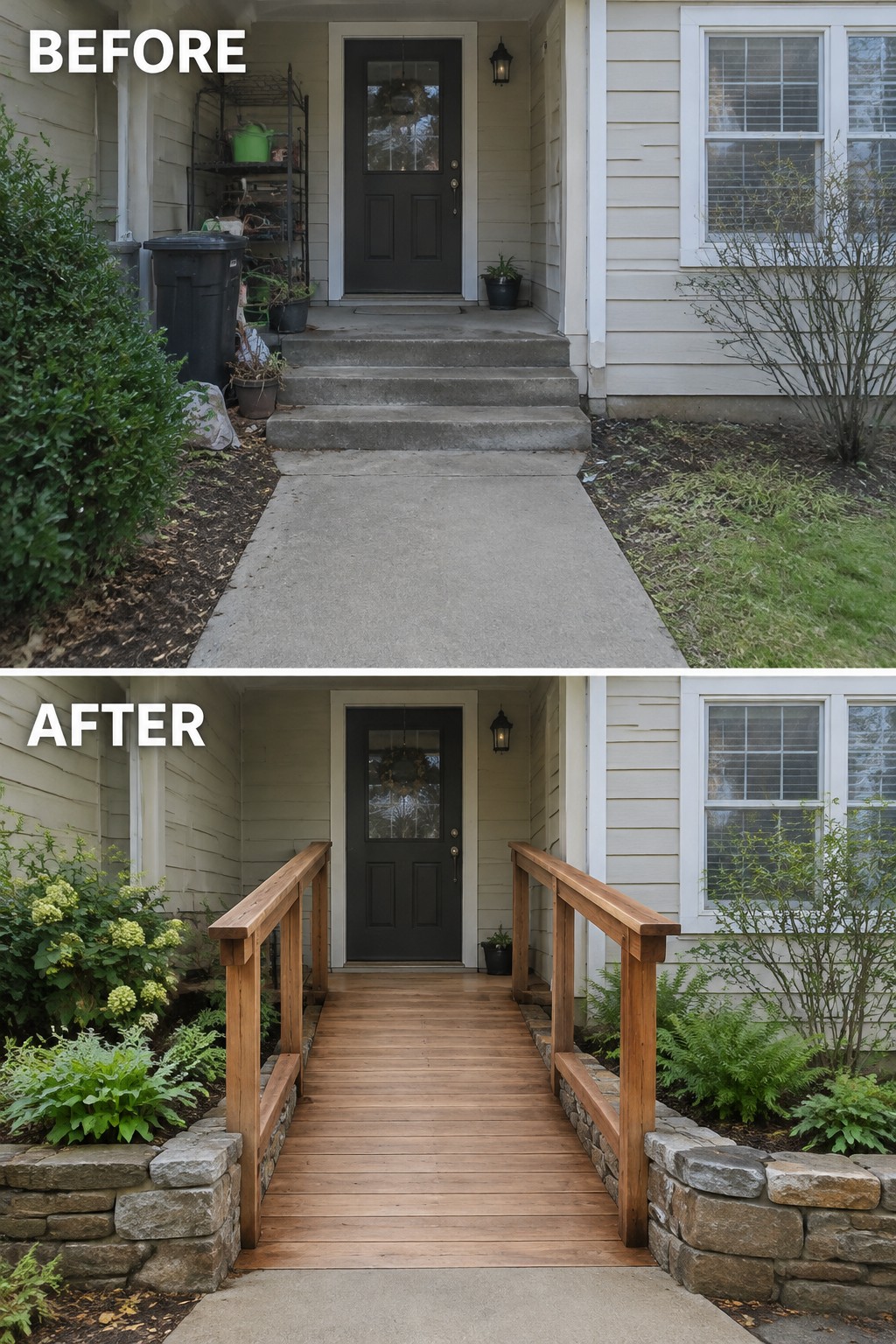 Before and after house entrance upgraded from concrete steps to wooden deck with railings