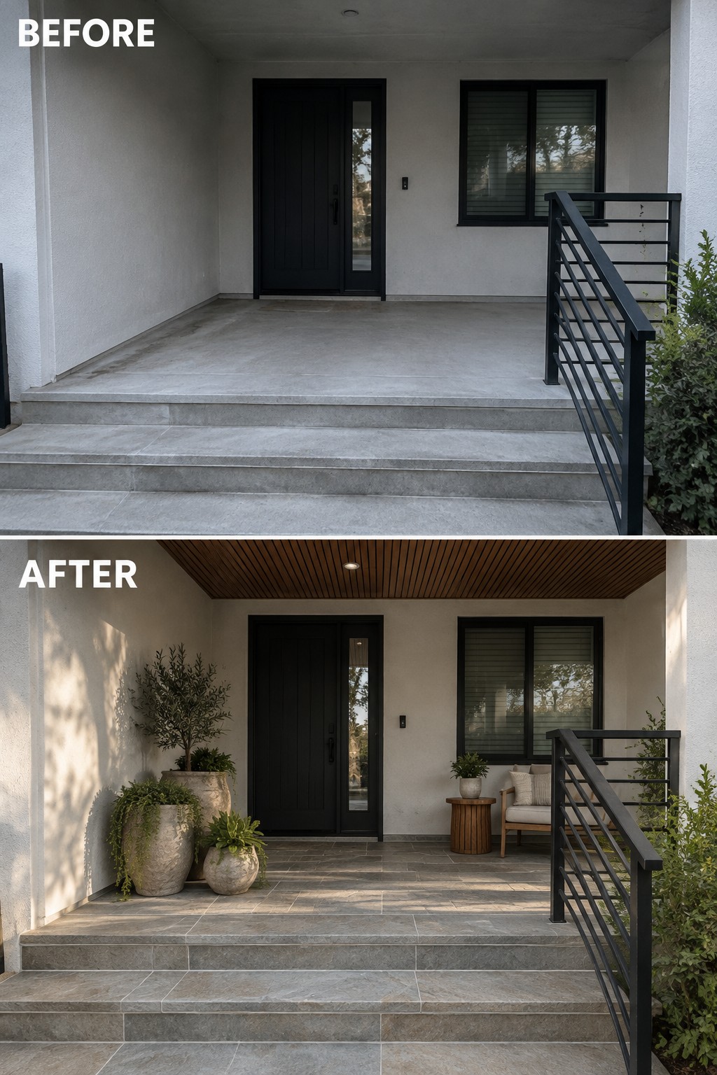 Before and after of modern entry porch with added plants, tiles, and wood ceiling