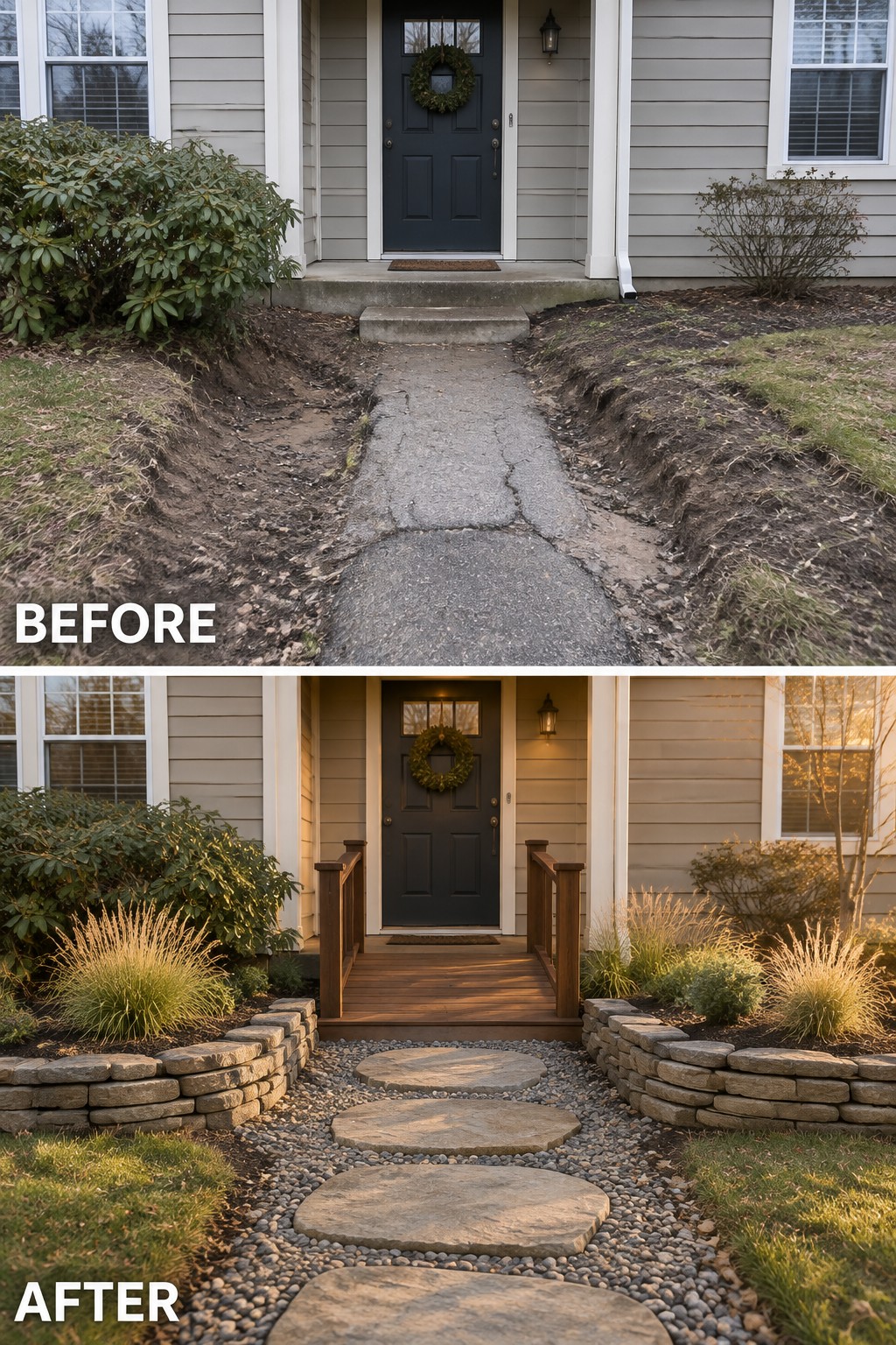 Before cracked path to blue door, after stone walkway with new landscaping and railings