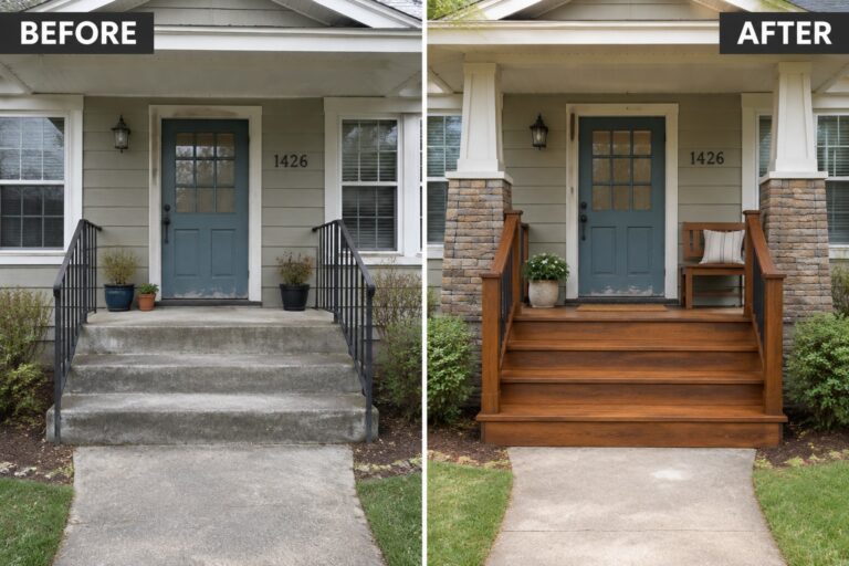 Before and after porch renovation with new wooden stairs, railings and stone pillars