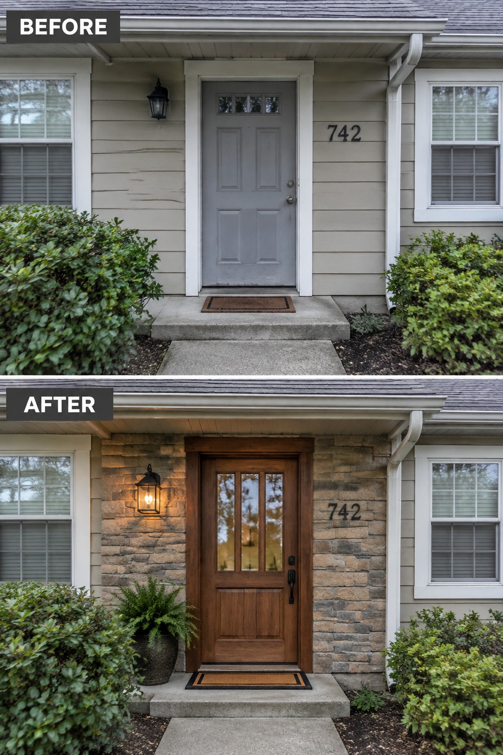 Before and after of house entrance: gray door replaced by wooden door with stone siding