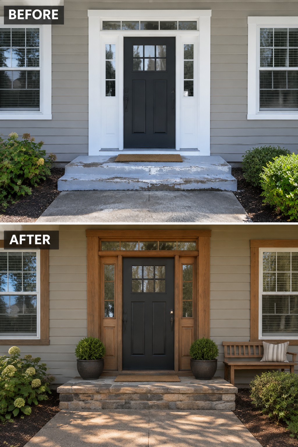 Before-and-after image of a front entry updated with wood trim around the door and natural stone on the steps.