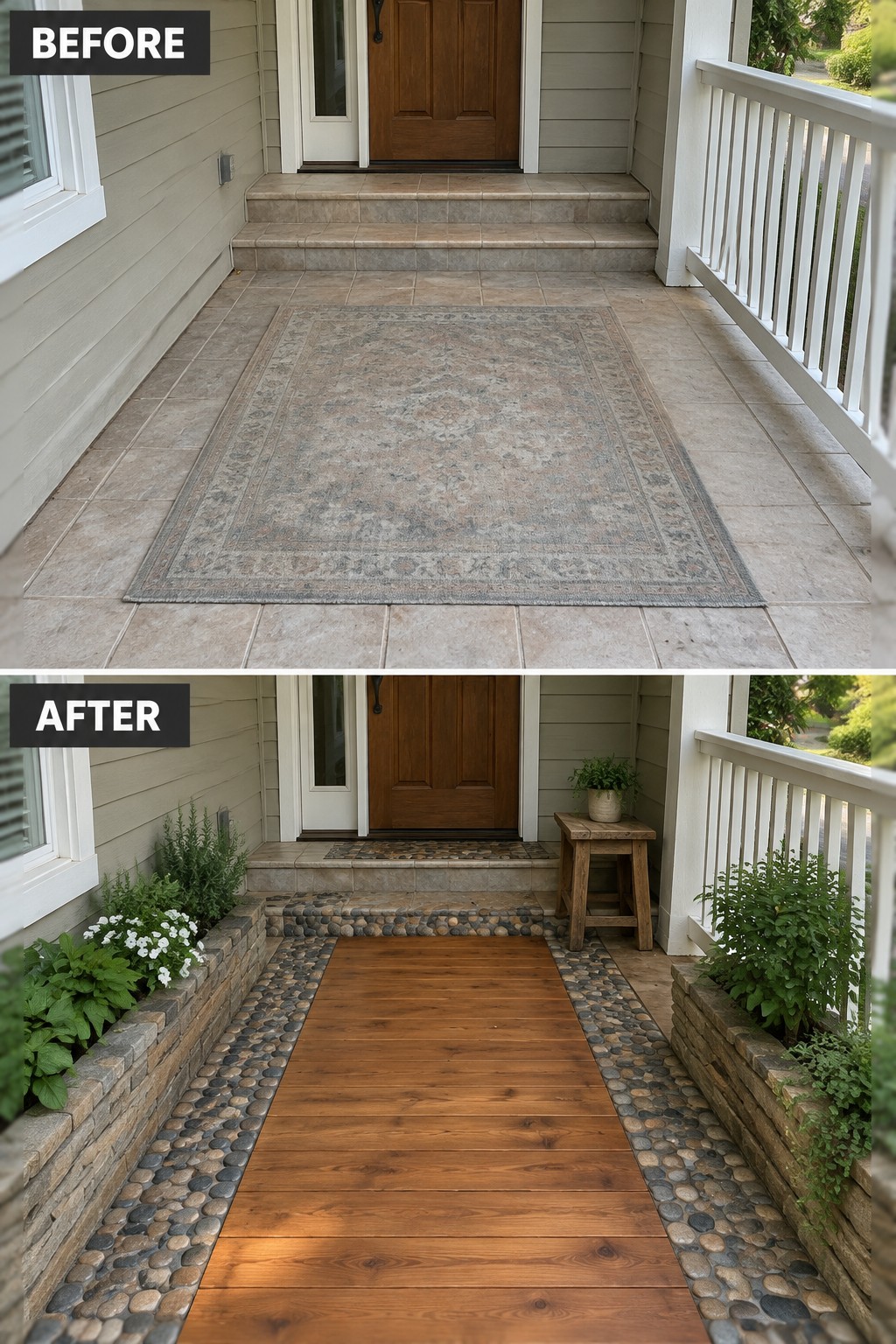 Before-and-after porch renovation from rug on tiles to wood deck with planters.