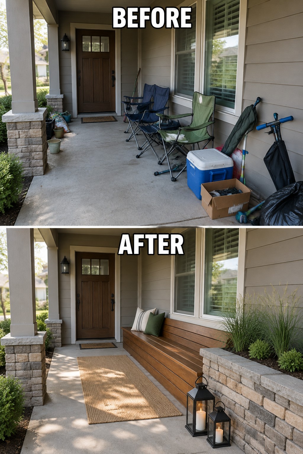 Before-and-after porch makeover: cluttered chairs and boxes replaced by bench, rug, and lanterns.