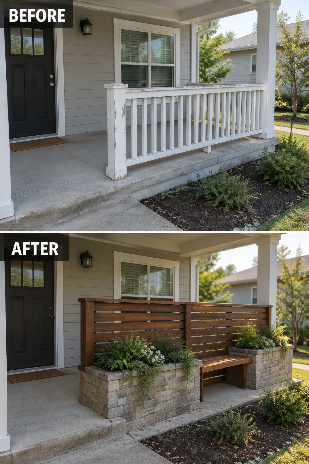 Before and after porch with white railing replaced by wooden bench and stone planters