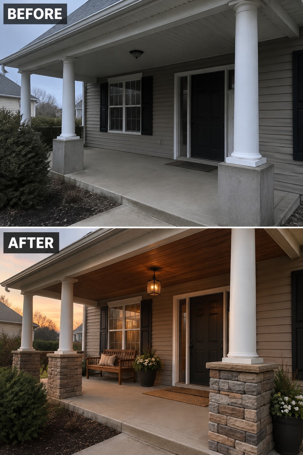 Before-and-after image of a front porch updated with a wood ceiling, stone column bases, seating, and plants.