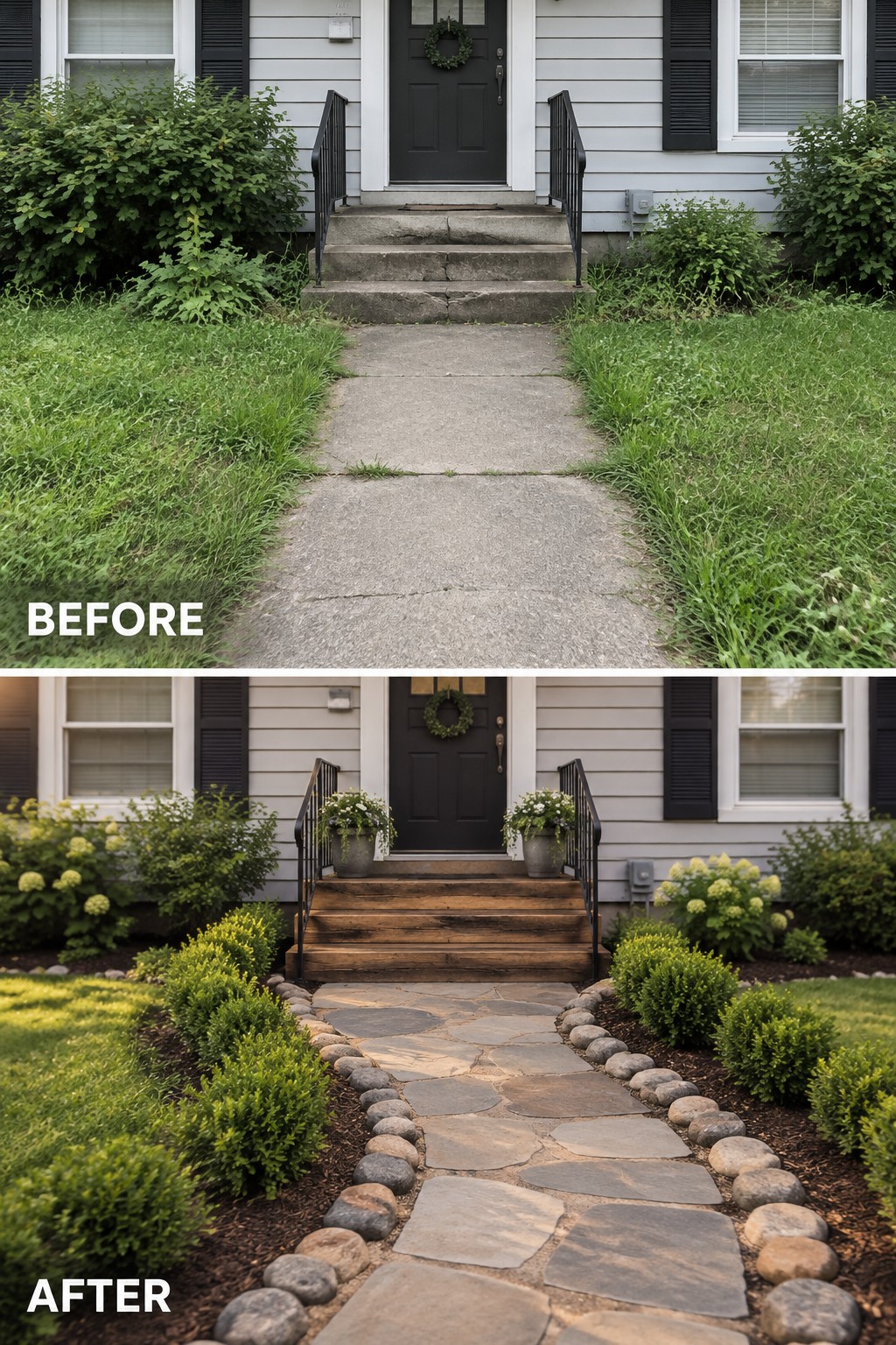 Before and after house entrance with new stone path, wooden steps, and landscaping.