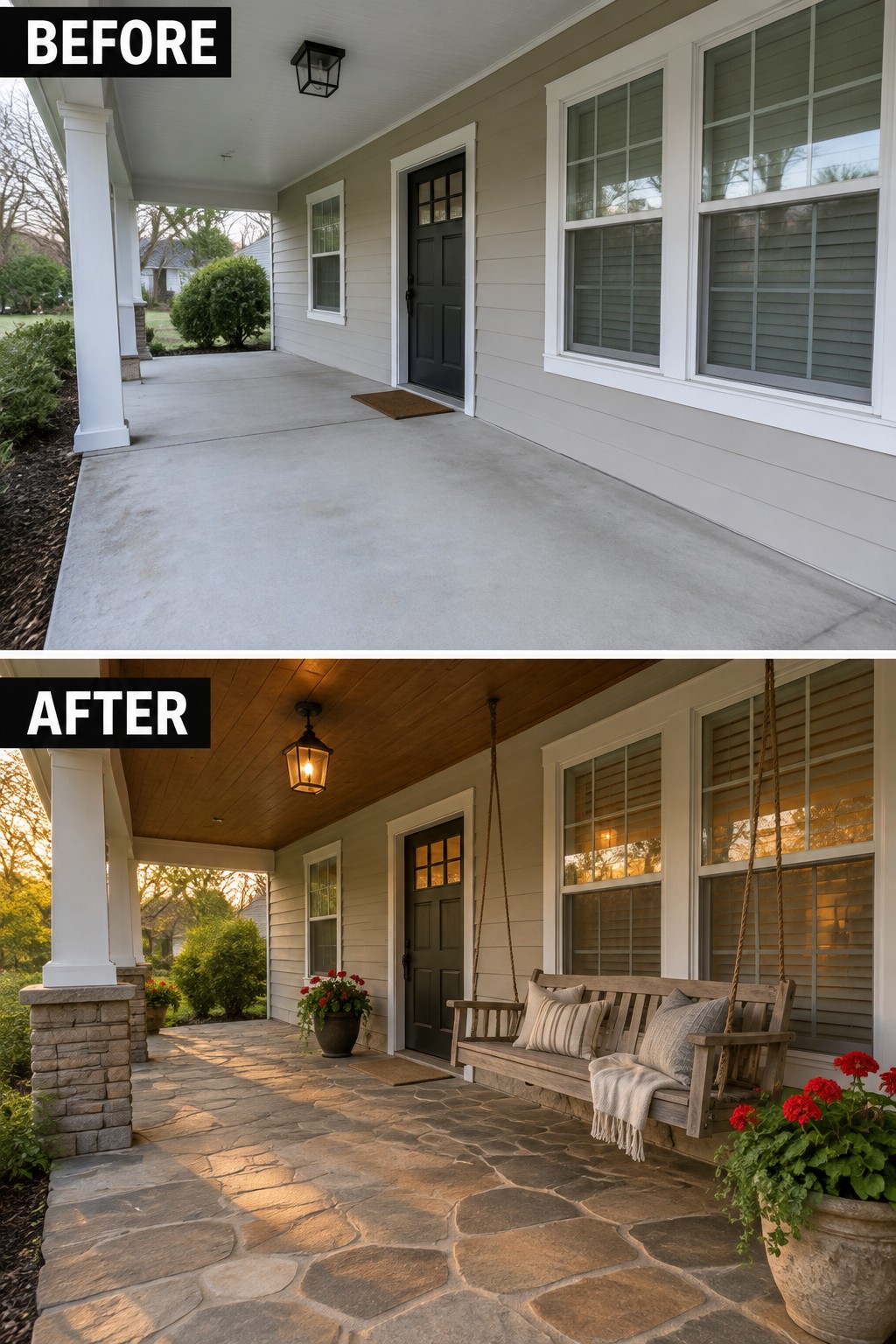 Before and after porch with stone floor, wooden swing, potted flowers, and warm lighting