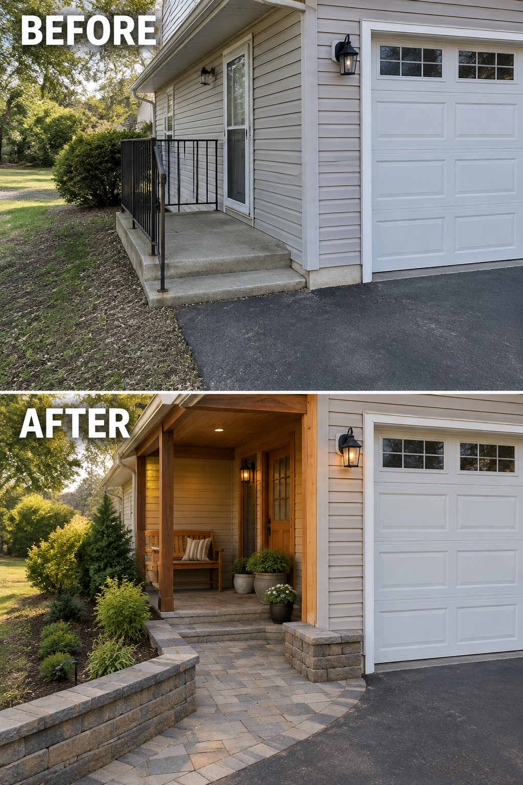 Before-and-after image of a house front entry changed from an uncovered concrete stoop with a metal railing to a covered wooden porch with stone bases, steps, and seating.