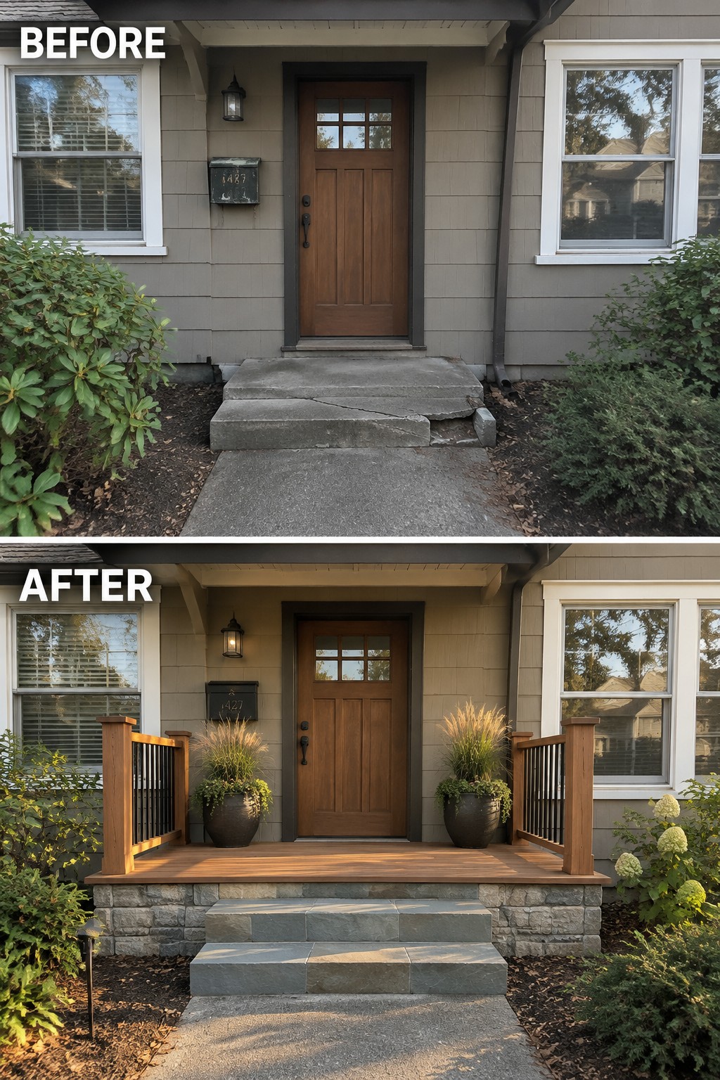 Before and after of home entrance with new wooden deck, railings, and stone steps.