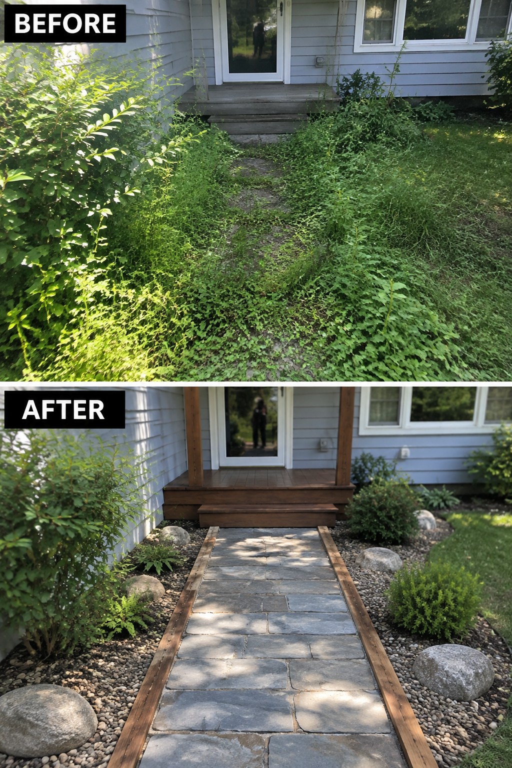 Before and after of overgrown entrance cleared into neat stone path with gravel and rocks.
