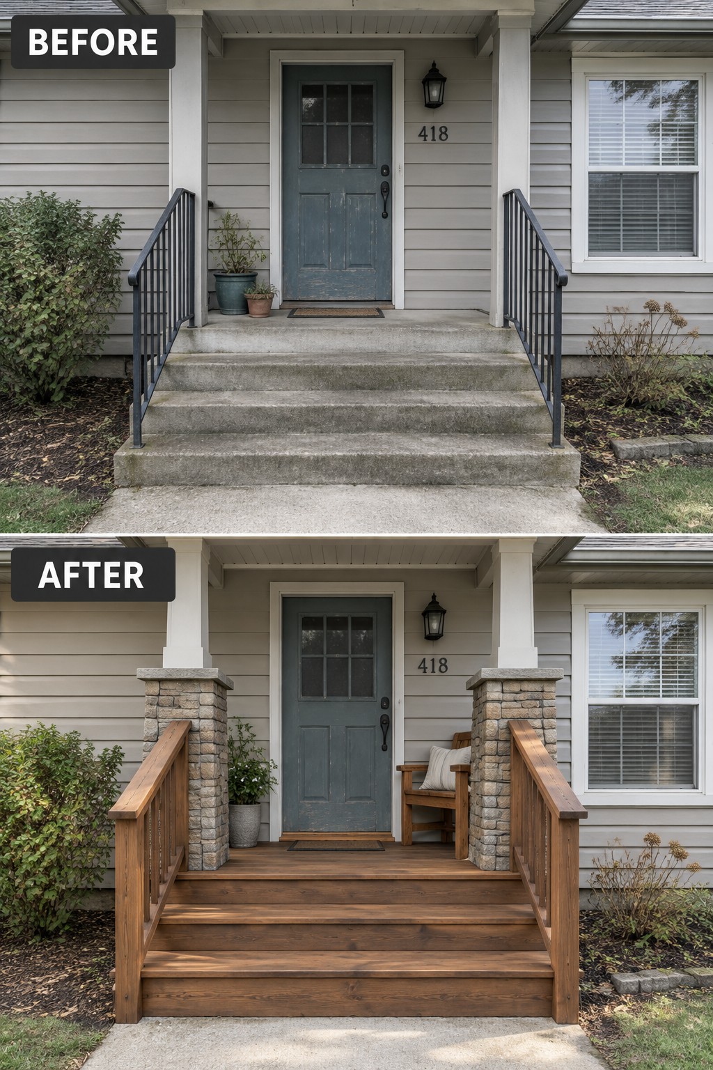 Before and after porch renovation with new wooden stairs, railings and stone pillars