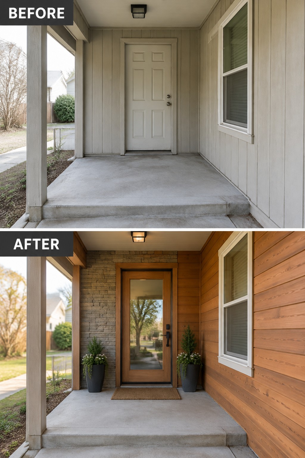 Before and after porch with new wood siding, door, and plants